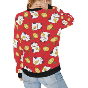 Meneki Neko Lucky Cat Pattern Red Theme Women's Crew Neck Sweatshirt