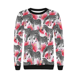 Zebra Red Hibiscus Pattern Women's Crew Neck Sweatshirt