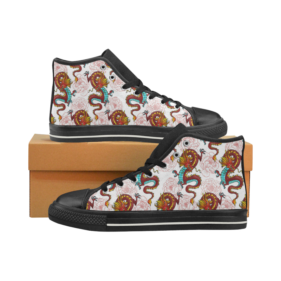 Red Dragon Hibiscus Pattern Women's High Top Canvas Shoes Black