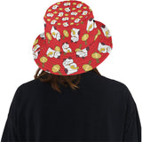 Meneki Neko Lucky Cat Pattern Red Theme Unisex Bucket Hat