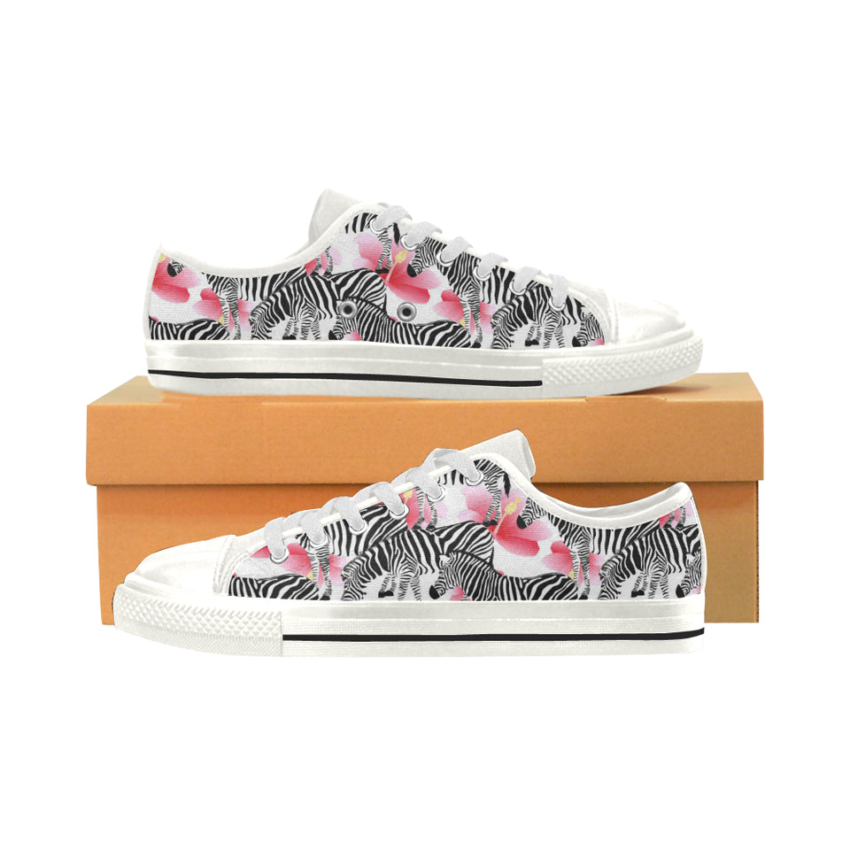 Zebra Red Hibiscus Pattern Women's Low Top Canvas Shoes White