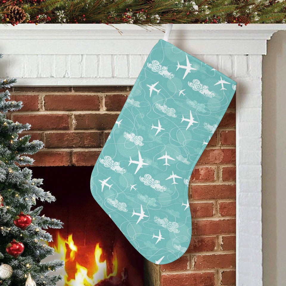 Airplane Cloud Pattern Green Background Christmas Stocking