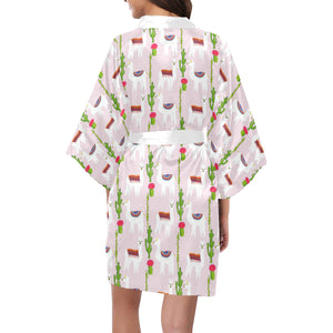 Llama Cactus Pattern Women's Short Kimono Robe