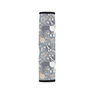 Boston Terrier Flower Pattern Gray Background Car Seat Belt Cover