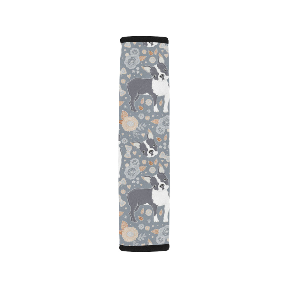 Boston Terrier Flower Pattern Gray Background Car Seat Belt Cover