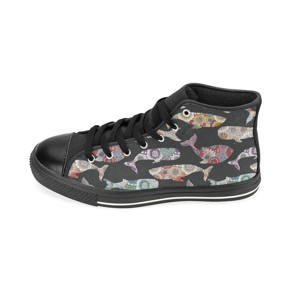 Whale Flower Tribal Pattern Men's High Top Canvas Shoes Black