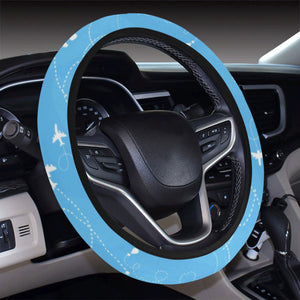 Airplane Pattern Blue Background Car Steering Wheel Cover
