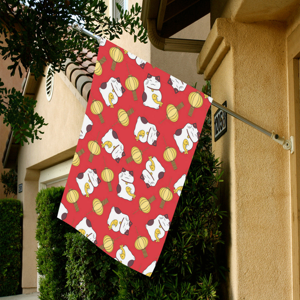 Meneki Neko Lucky Cat Pattern Red Theme House Flag Garden Flag