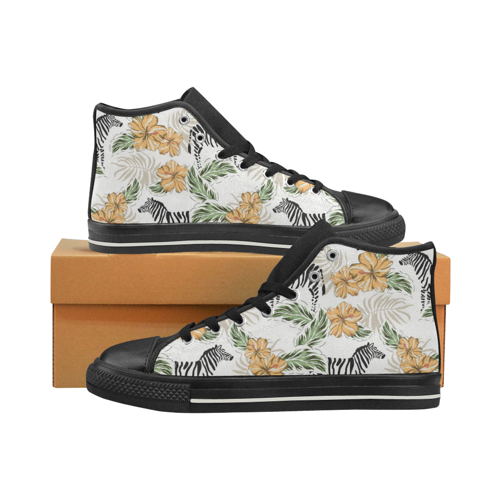 Zebra Hibiscus Pattern Men's High Top Canvas Shoes Black