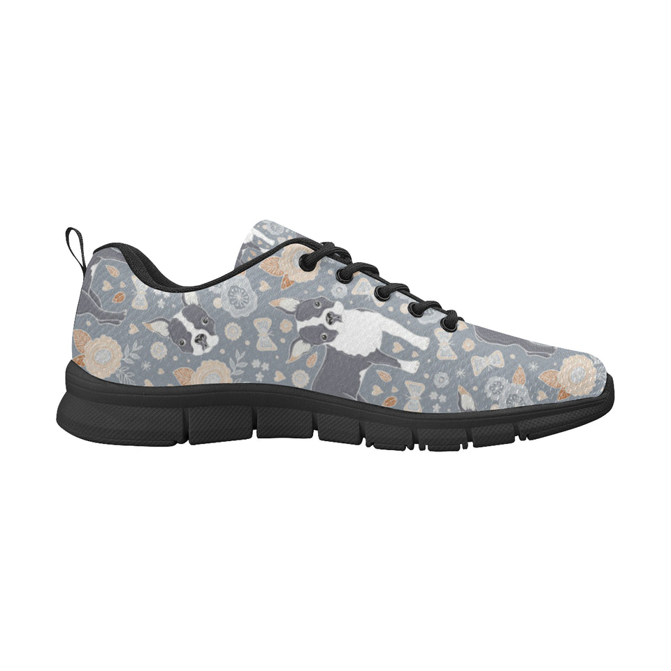 Boston Terrier Flower Pattern Gray Background Men's Sneakers Black