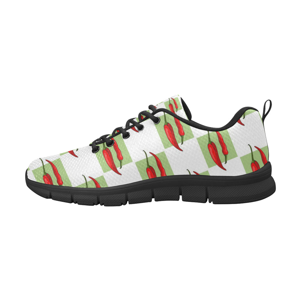 Red Chili Pattern Green White background Men's Sneakers Black