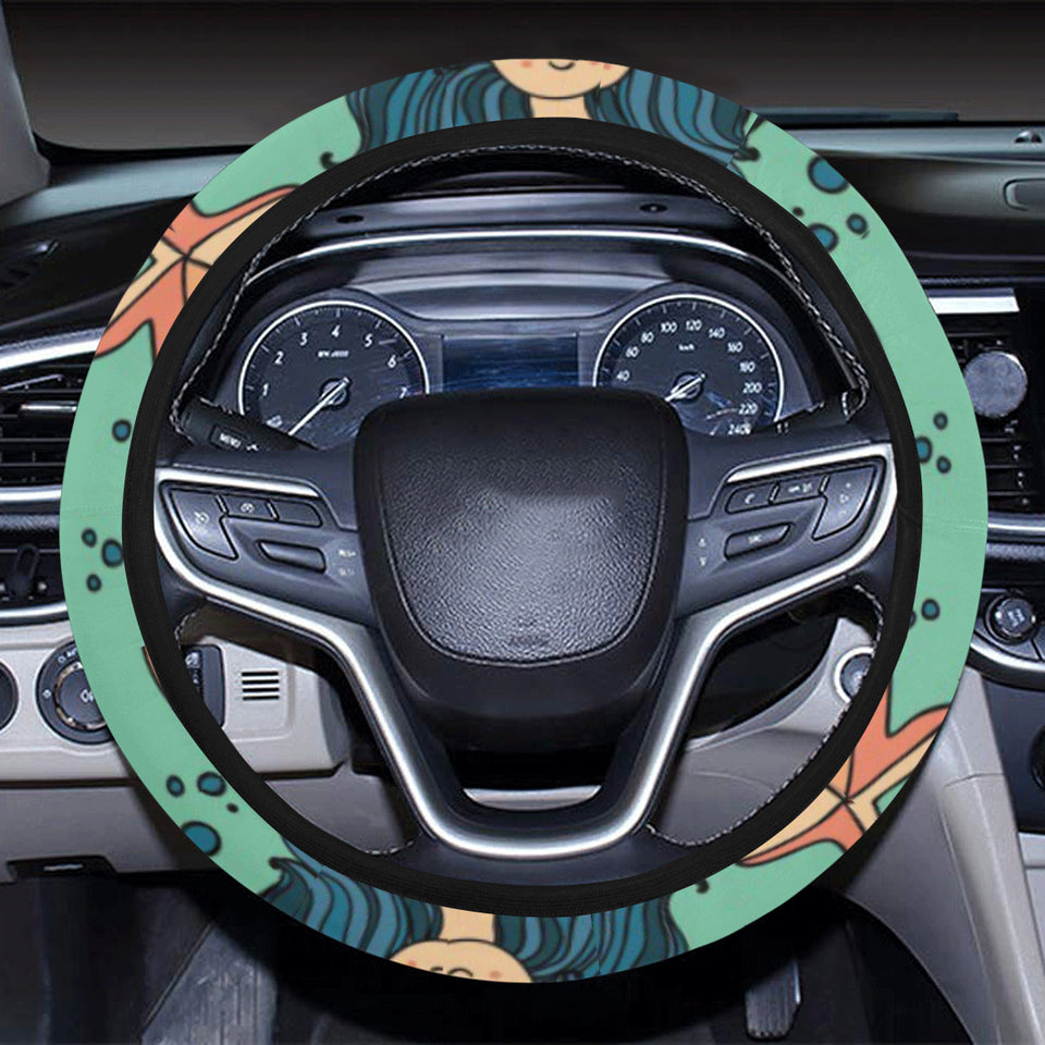 Mermaid Pattern Green Background Car Steering Wheel Cover