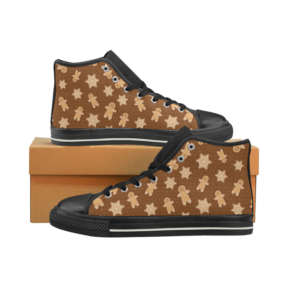Christmas Gingerbread Cookie Pattern Women's High Top Canvas Shoes Black