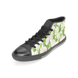 White Tulip Pattern Women's High Top Canvas Shoes Black