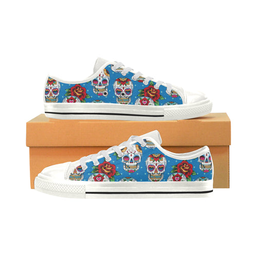 Suger Skull Rose Pattern Women's Low Top Canvas Shoes White