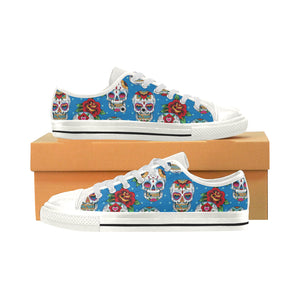 Suger Skull Rose Pattern Women's Low Top Canvas Shoes White