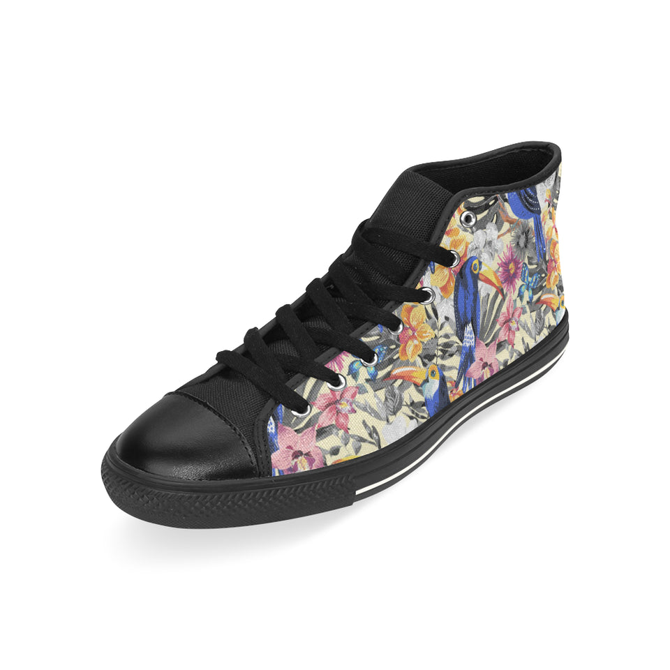 Toucan Leaves Flower Pattern Men's High Top Canvas Shoes Black