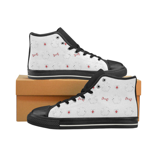 White Pomeranian Pattern Men's High Top Canvas Shoes Black