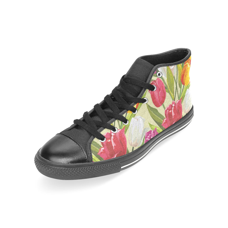 Colorful Tulip Pattern Women's High Top Canvas Shoes Black
