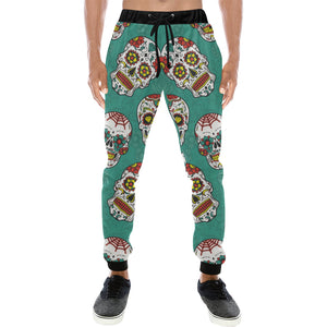 Suger Skull Pattern Green Background Unisex Casual Sweatpants