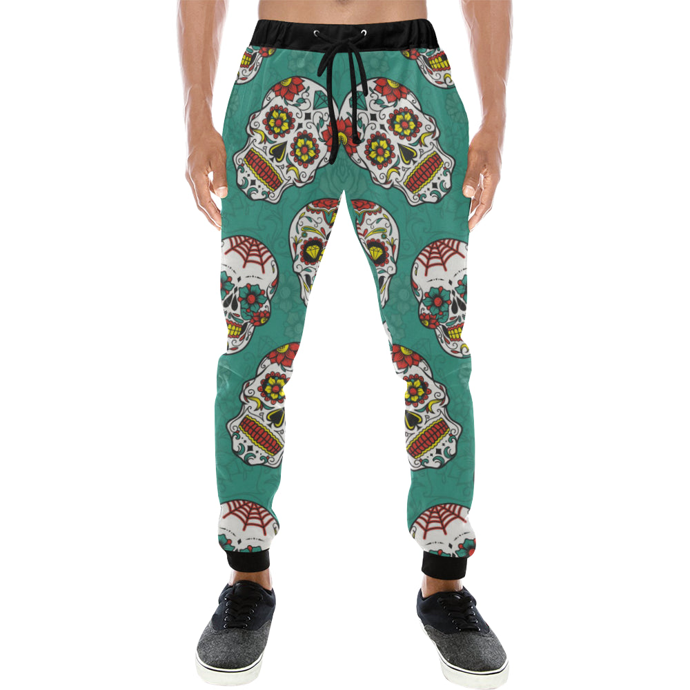 Suger Skull Pattern Green Background Unisex Casual Sweatpants