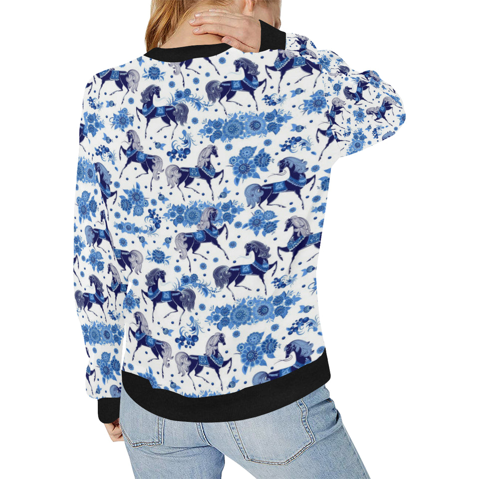 Horse Flower Blue Theme Pattern Women's Crew Neck Sweatshirt