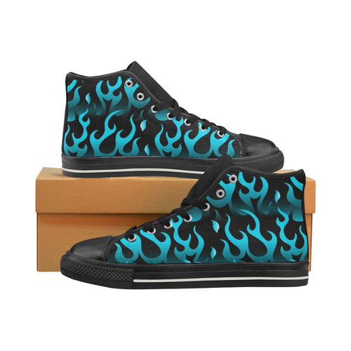 Blue Flame Fire Pattern Background Men's High Top Canvas Shoes Black