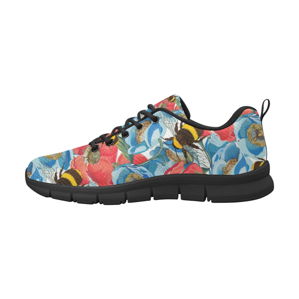 Bee Red and Blue Hibiscus Pattern Men's Sneakers Black