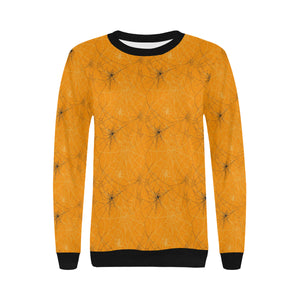 Cobweb Spider Web Pattern Orange Background Women's Crew Neck Sweatshirt