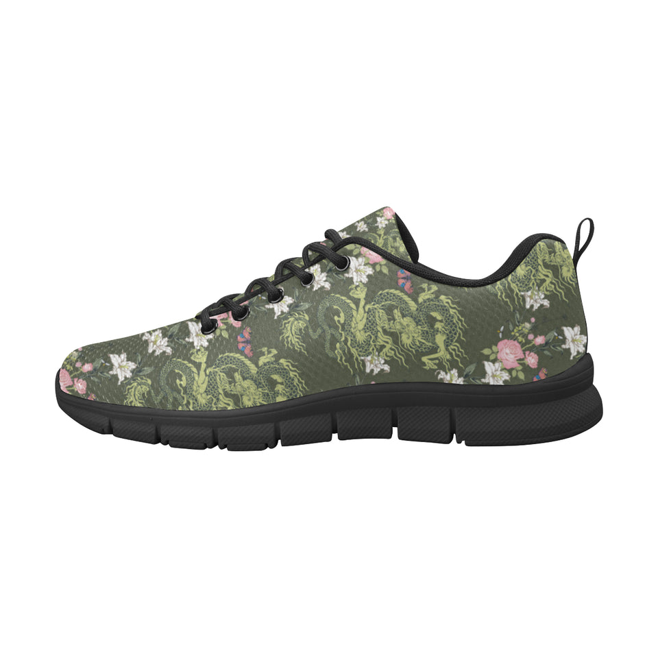 Green Dragon Rose Flower Pattern Men's Sneakers Black