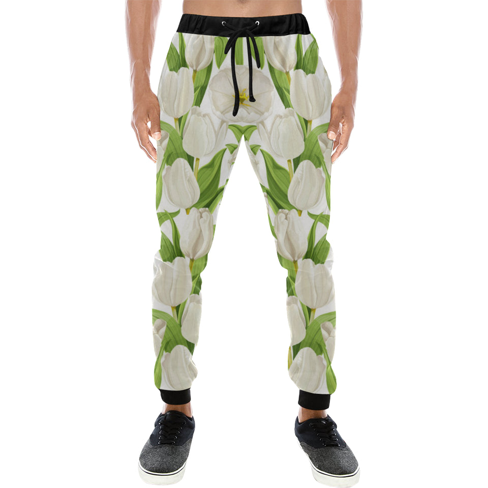 White Tulip Pattern Unisex Casual Sweatpants