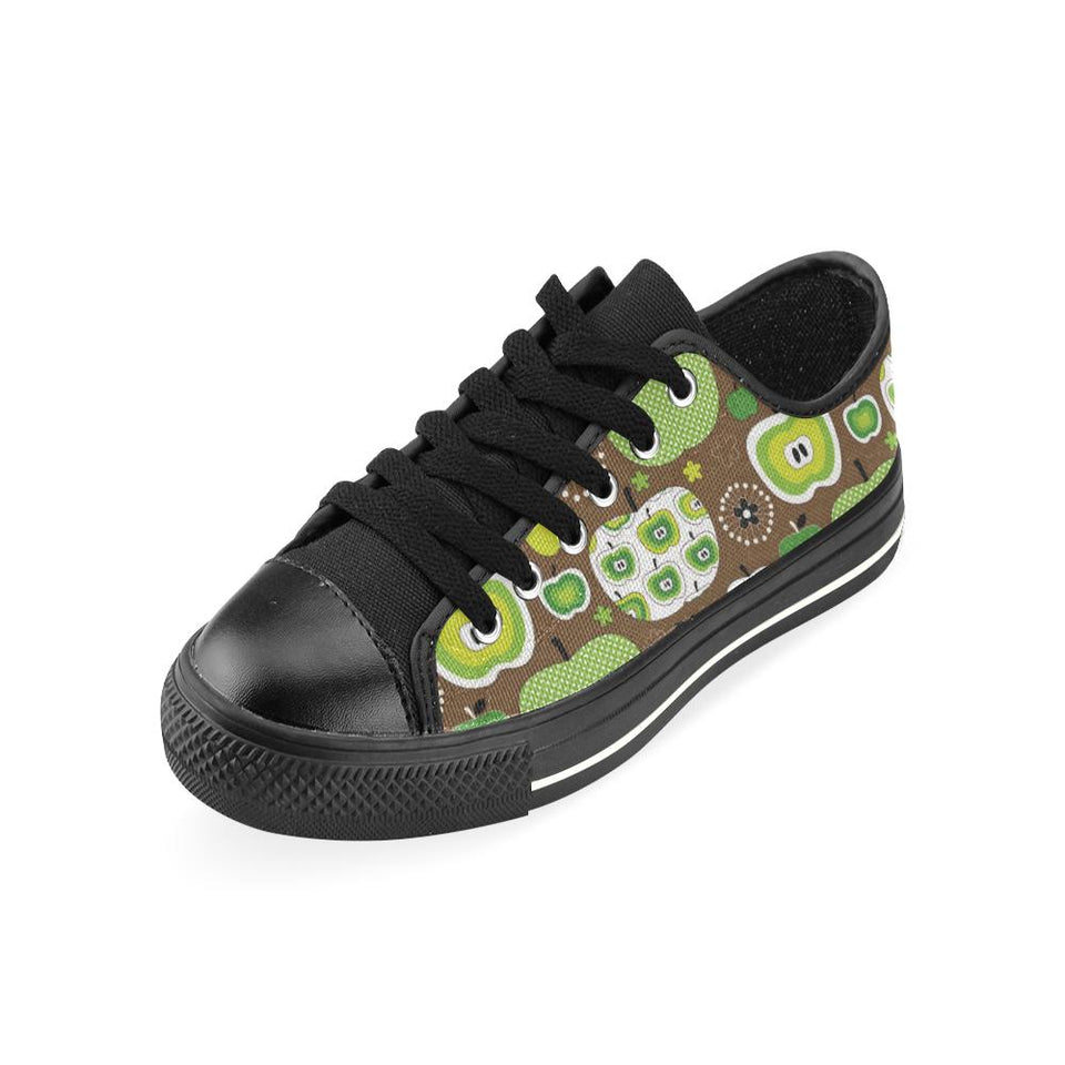 Green Apple Pattern Kids' Boys' Girls' Low Top Canvas Shoes Black