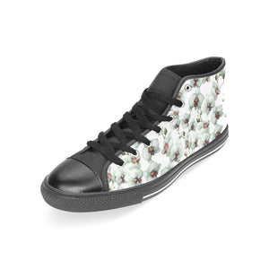 White Orchid Pattern Women's High Top Canvas Shoes Black