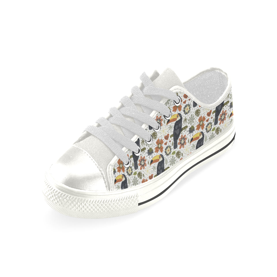 Toucan Flower Pattern Women's Low Top Canvas Shoes White