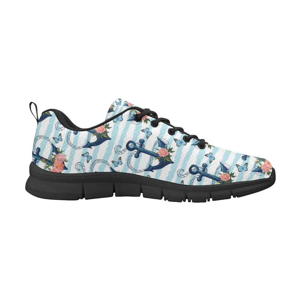 Anchor Flower Blue Stripe Pattern Men's Sneakers Black