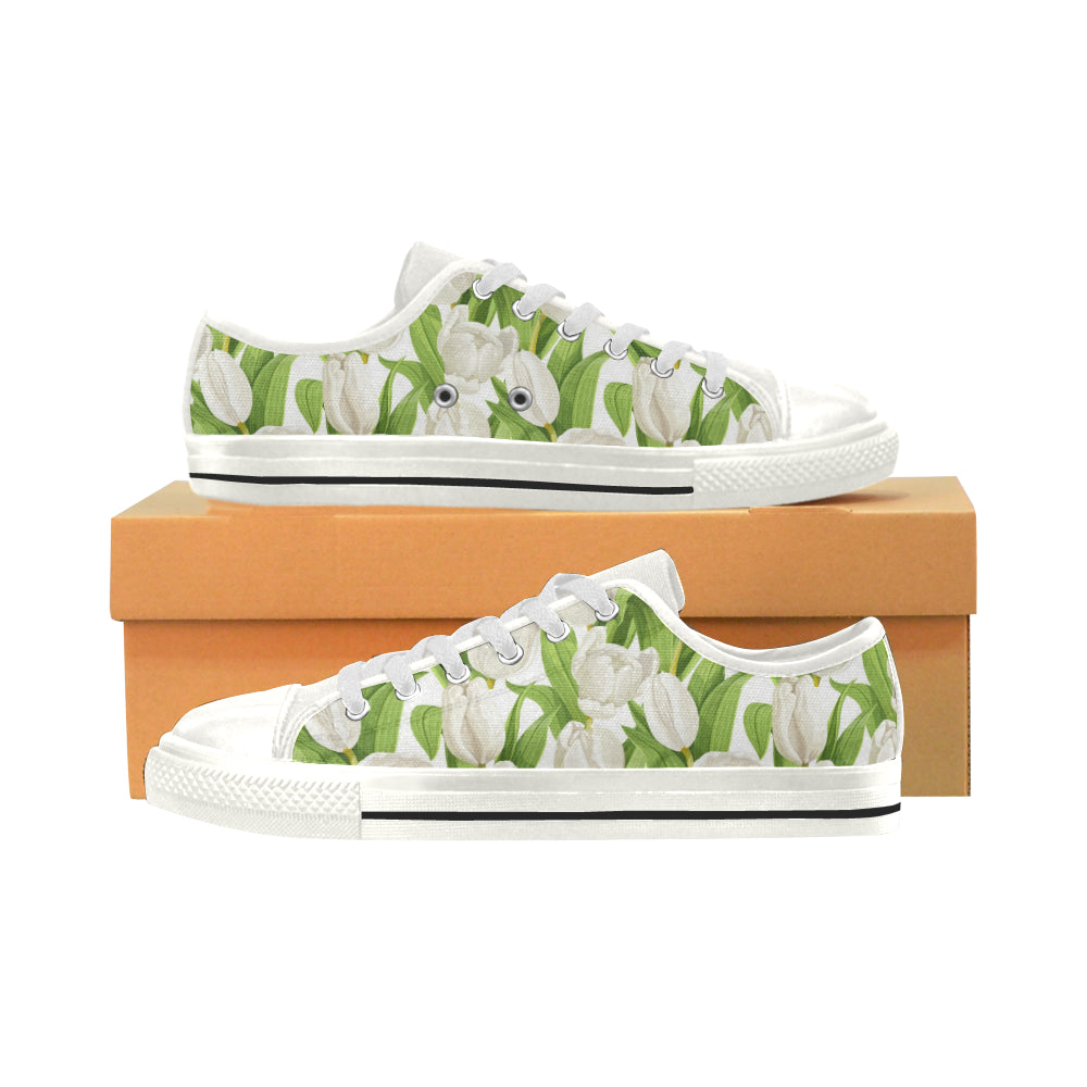 White Tulip Pattern Women's Low Top Canvas Shoes White