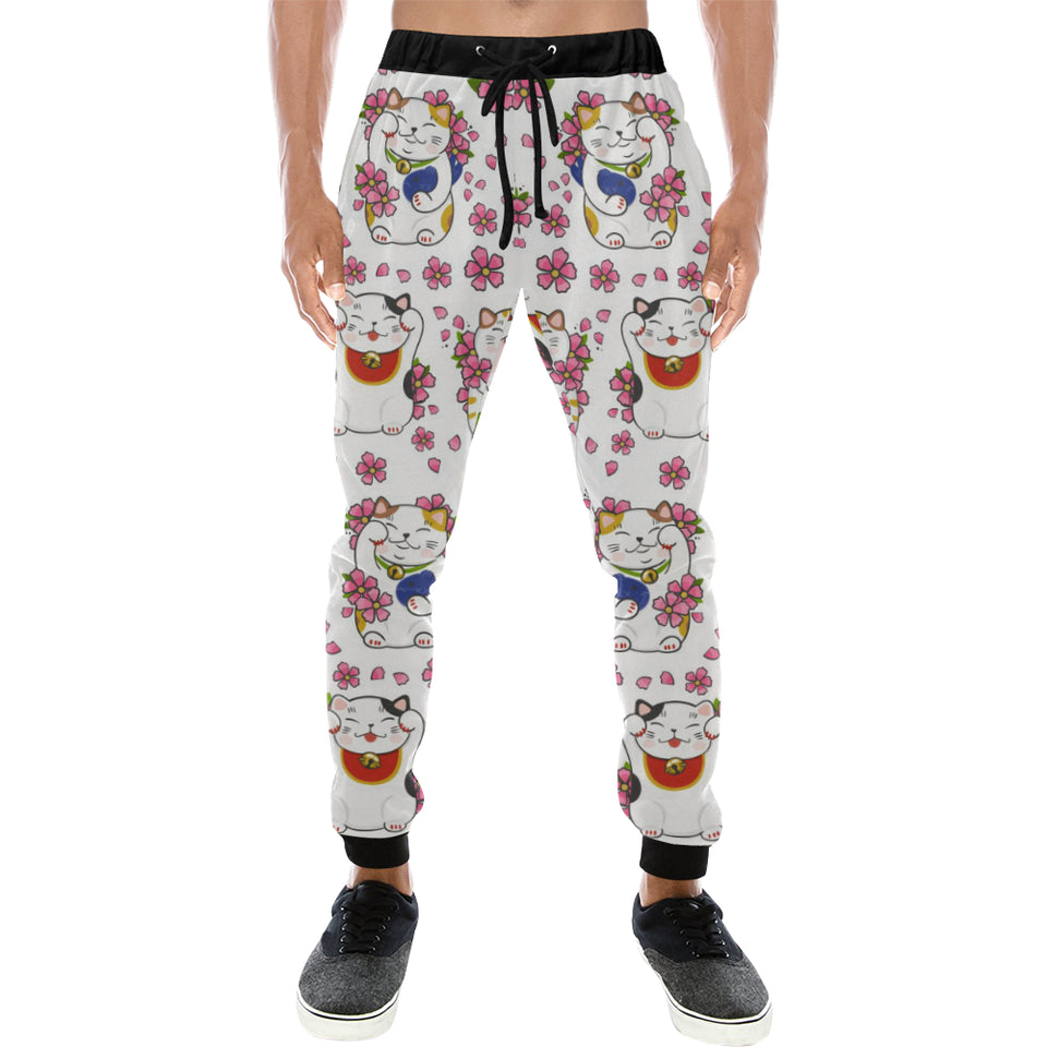 Meneki Neko Lucky Cat Sakura Flower Pattern Unisex Casual Sweatpants