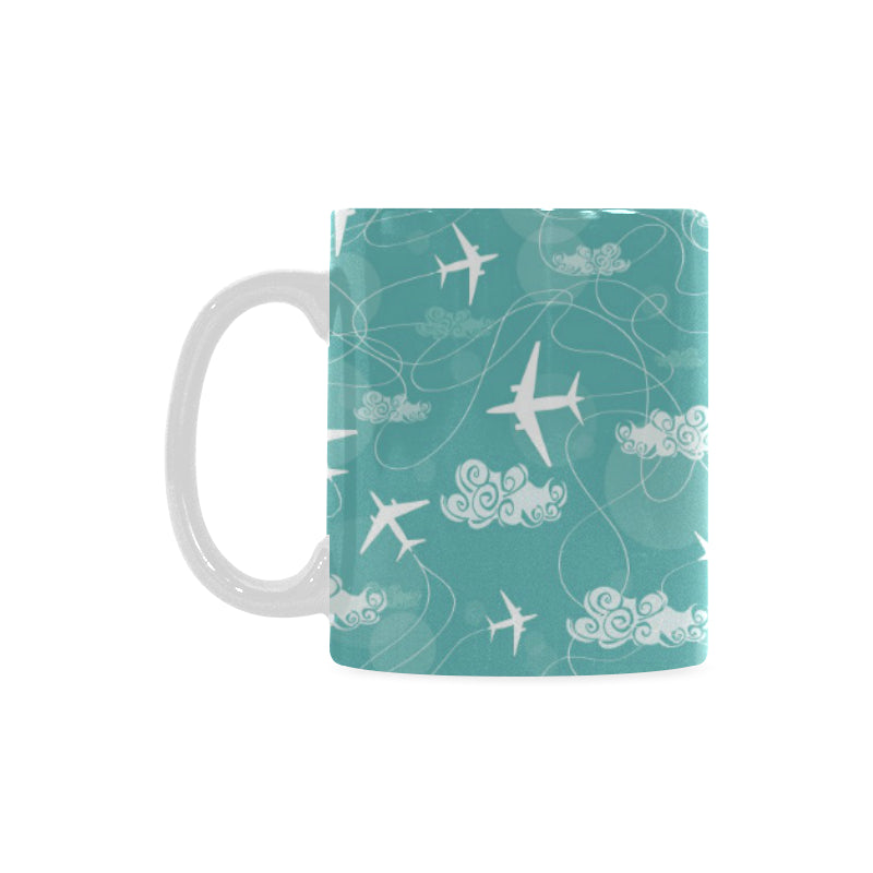 Airplane Cloud Pattern Green Background Classical White Mug (FulFilled In US)