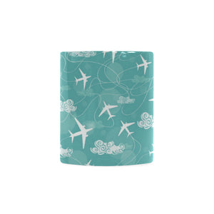 Airplane Cloud Pattern Green Background Classical White Mug (FulFilled In US)