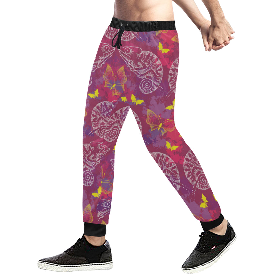 Pink Chameleon Lizard Butterfly Pattern Unisex Casual Sweatpants