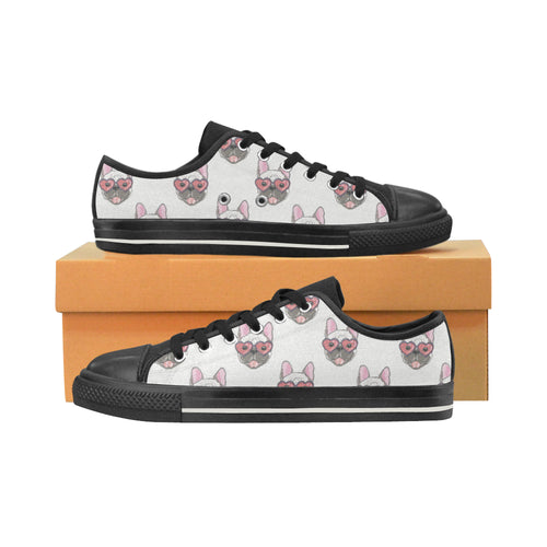 French Bulldog Heart Sunglass Pattern Men's Low Top Canvas Shoes Black