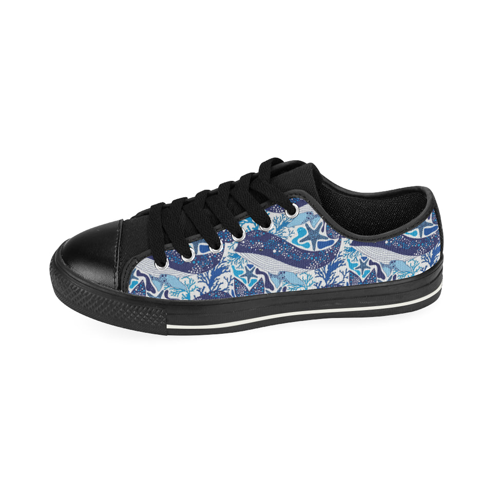 Whale Starfish Pattern Men's Low Top Canvas Shoes Black