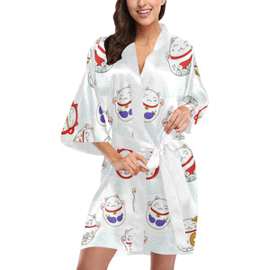 Meneki Neko Lucky Cat Pattern Women's Short Kimono Robe