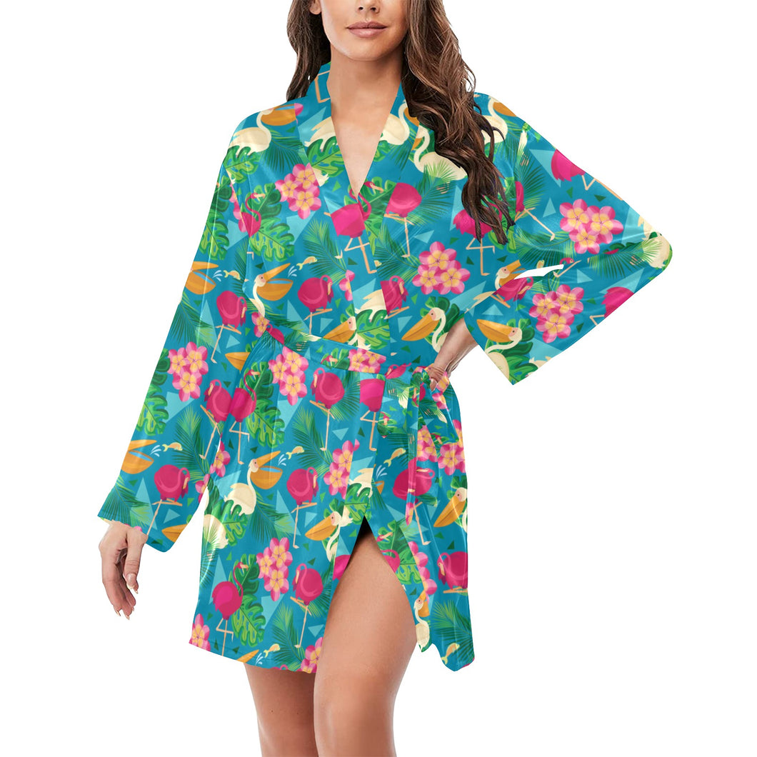 Pelican Pattern Print Design 03 Women's Long Sleeve Belted Night Robe