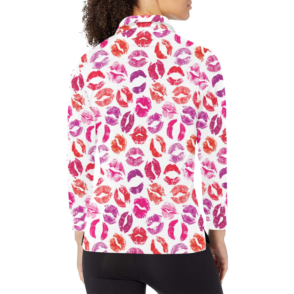 Lips Pattern Print Design 04 Women's Long Sleeve Polo Shirt