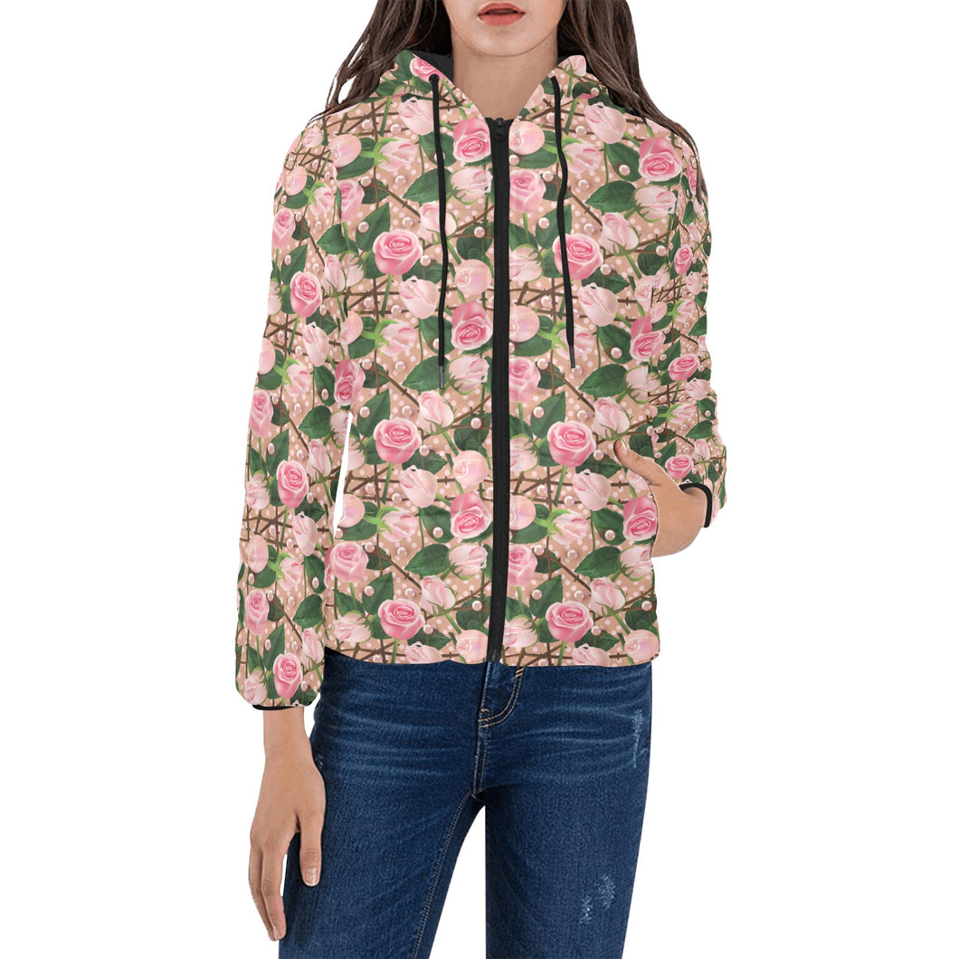 Rose Pattern Print Design 04 Women's Padded Hooded Jacket