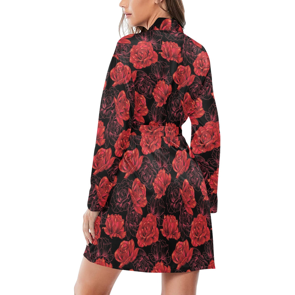 Rose Pattern Print Design 01 Women's Long Sleeve Belted Night Robe