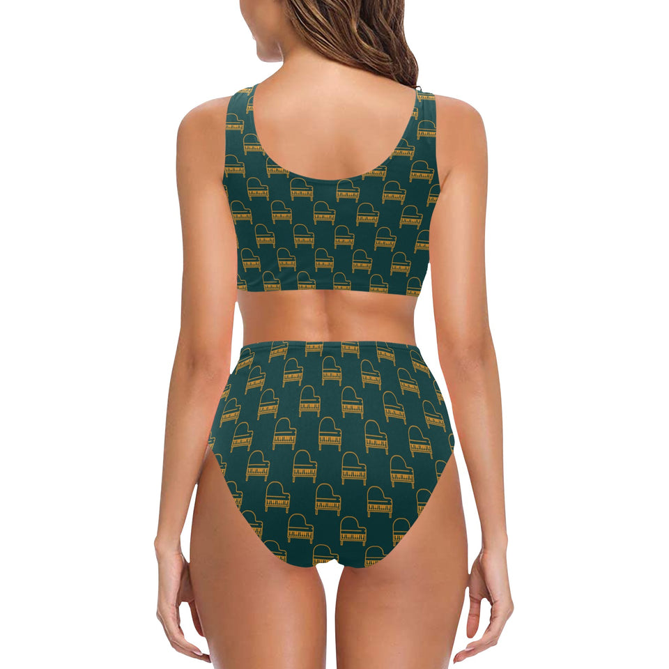 Piano Pattern Print Design 03 Chest Bowknot High Waisted Bikini Swimsuit