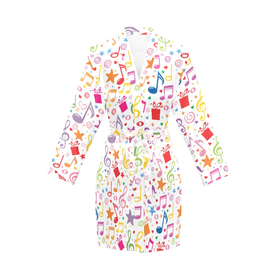 Music Notes Pattern Print Design 04 Women's Long Sleeve Belted Night Robe