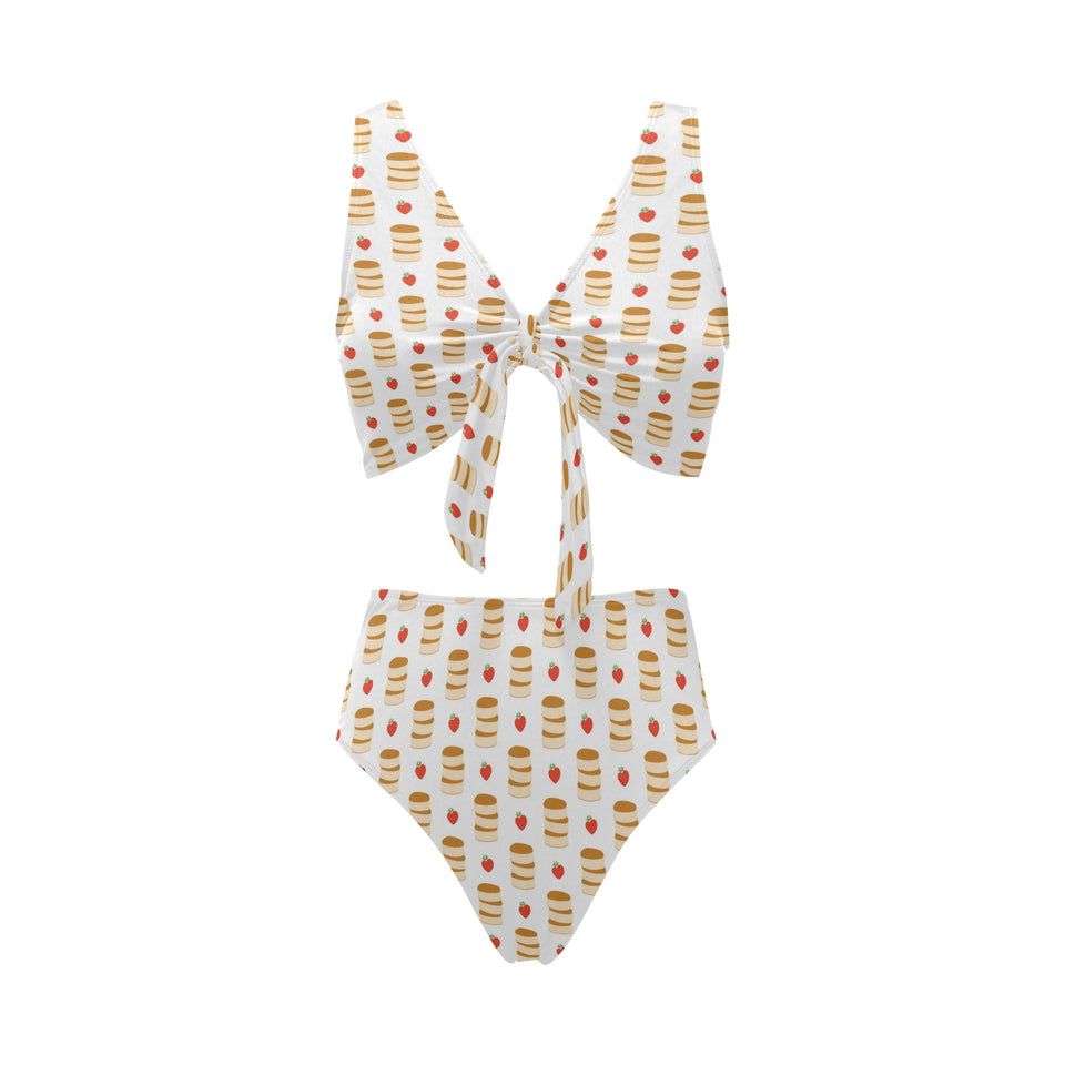 Pancake Pattern Print Design 02 Chest Bowknot High Waisted Bikini Swimsuit